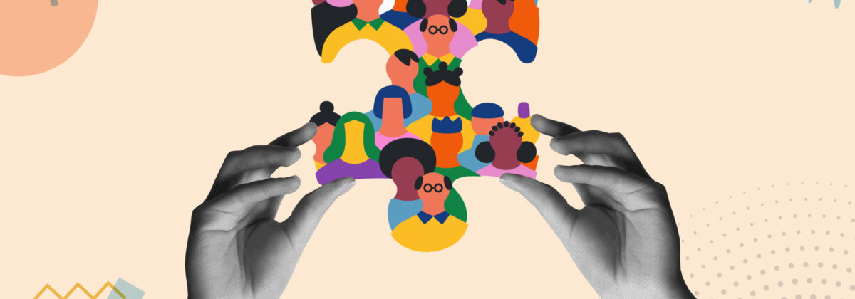 Diverse people in puzzle shape and human hands card concept vector illustration