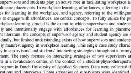 Wetenschappelijk artikel: Agency in werkplekleren: een samenspel tussen studenten en stagebegeleiders